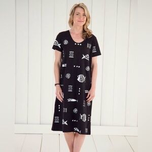 VTG 90s resort black nautical fish seahorse print artsy tribal aztec dress XL